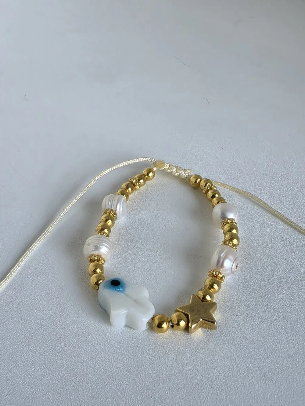 Handmade Hamsa Evil Eye Pearl Adjustable Bracelet Gold Beaded Boho Protection